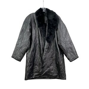 Arielle Leather Coat Women L Black Rabbit Fur Collar Patchwork Mid Length Jacket